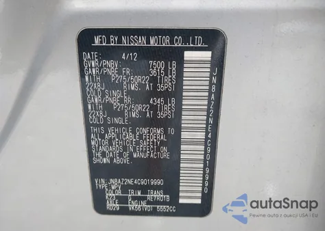 2012 Infiniti Qx56 из США, поврежденный, VIN JN8AZ2NE4C9019990